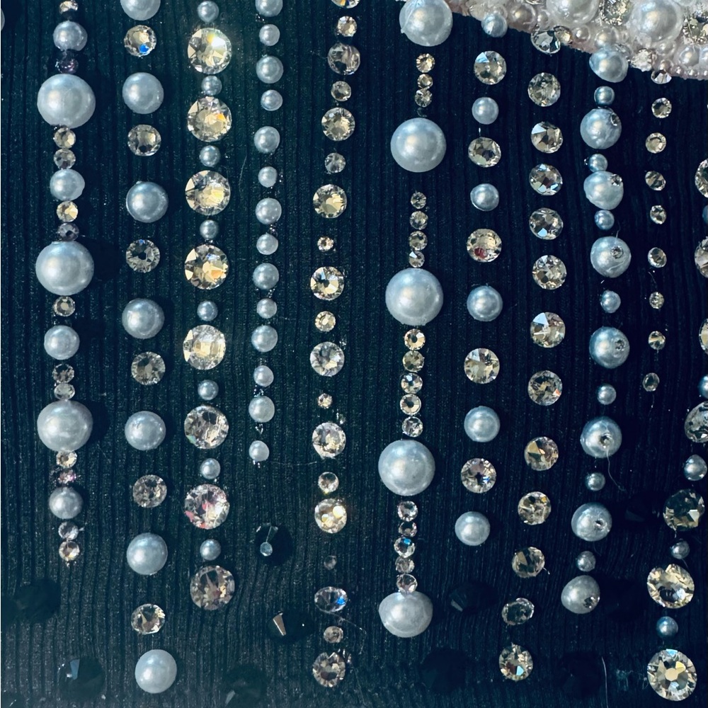 Pearl & Rhinestone One-Shoulder Black Crop Top - Picture 3 of 8